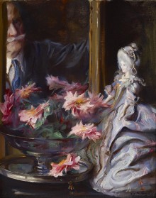 Still Life: Self Portrait seen in a Mirror with a Bowl of Pink Chrysanthemums and a Doll dressed in Period Costume 2542
