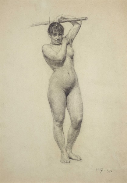 Academic work: Nude, standing full length, holding a stave over her head 10933