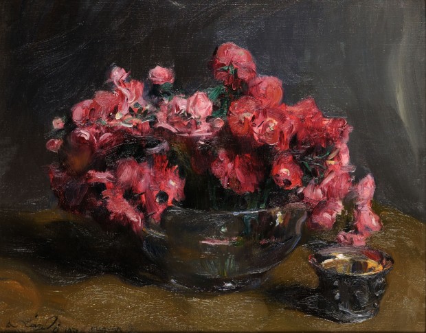 Still Life: Pink Roses in a Silver Vase on a Table with a Silver Beaker beside Flowers 111576